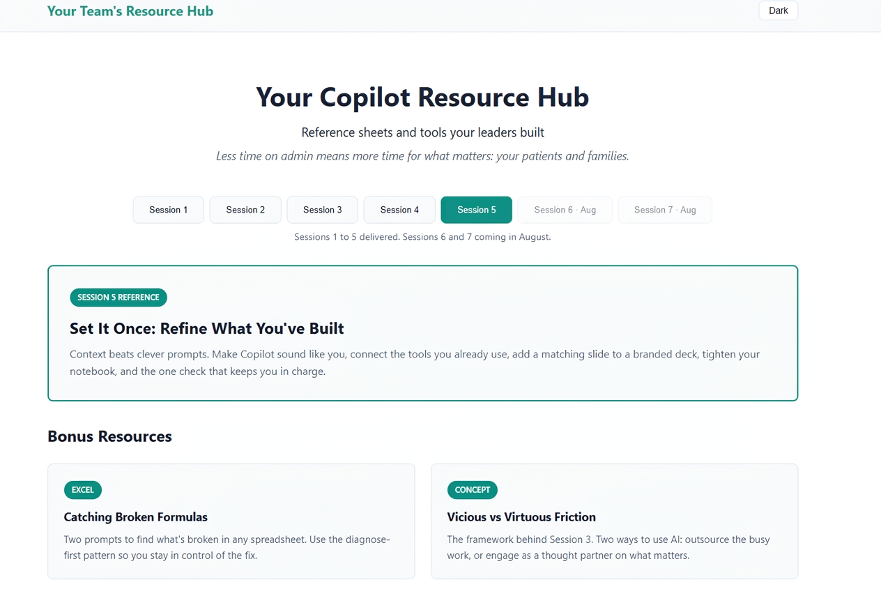 Sample resource hub showing session tabs, a featured reference, and bonus resources